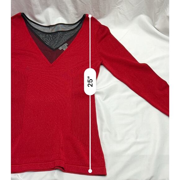 Cache Red Ribbed Knit Black Sheer V Neck Sweater Women's Size Medium Holiday - Picture 7 of 7